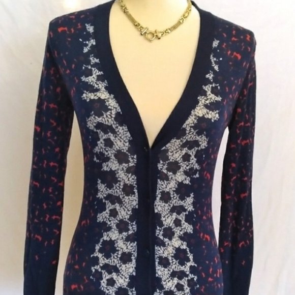 Tory Burch Navy Blue multi-floral cardigan thin wool Size Small - Picture 1 of 7